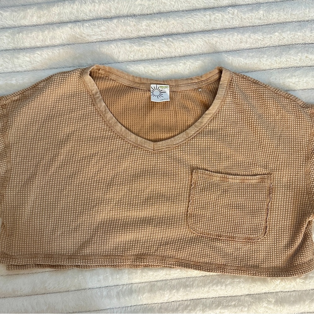 Aerie Crop Tan Waffle Pocket Knit Top Size M